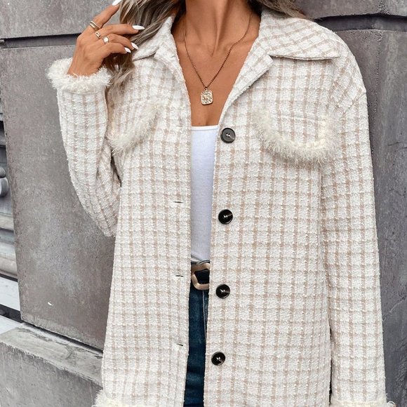 White Preppy Womens Plaid Pattern Raw Trim Drop Shoulder Tweed Overcoat - Picture 3 of 6